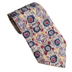 Pierre Cardin Red Blue Gray Geometric Silk Tie Made In USA Preowned Excellent